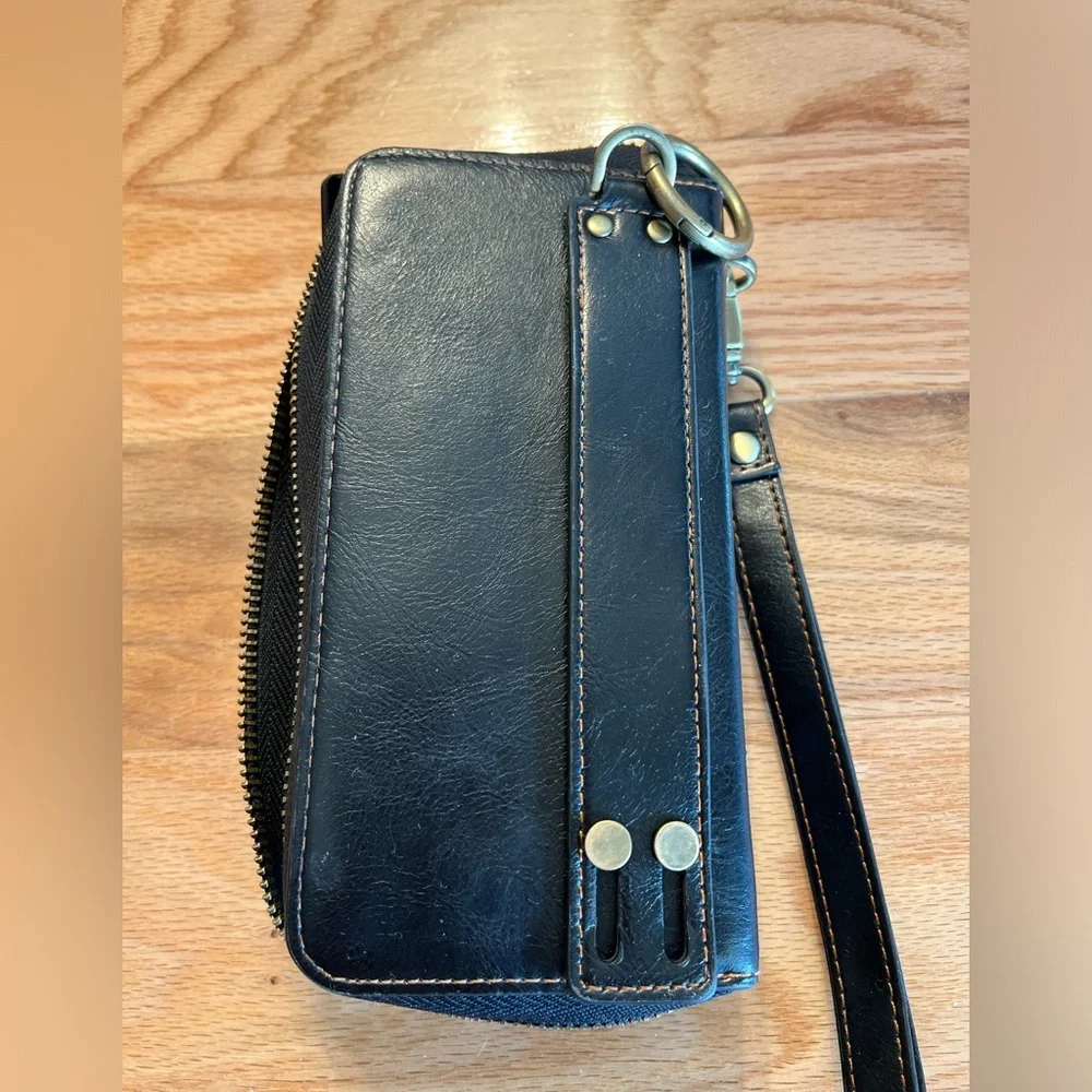 POL Black Leather Wristlet Phone Case with Zip and Snap